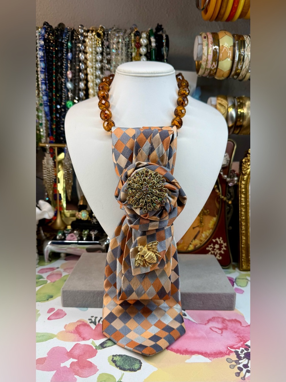Vintage Harlequin Satin Tie Necklace with flower & Bee Brooches - Orange & Gray